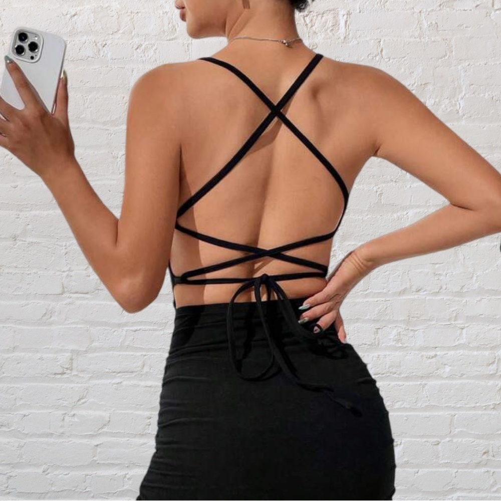 Just Quella Spaghetti Strap Criss Cross Tie Back Mini Dress - Picture 2 of 3